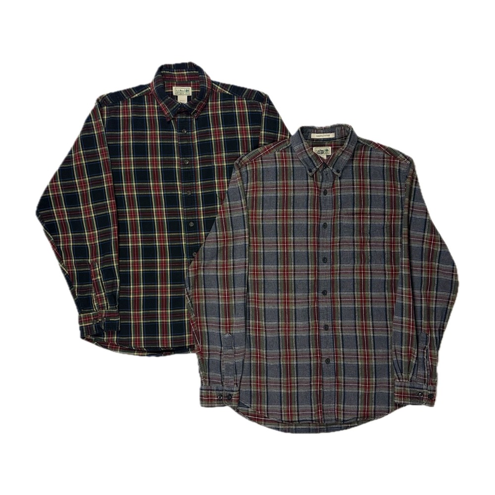 Bundle of : LL Bean black & grey multi scotch plaid flannel shirt men medium
